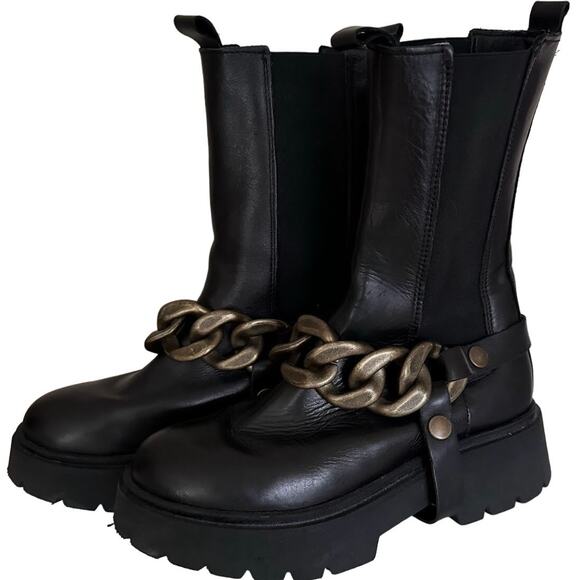 ovye Black Round Toe Chain Chunky Chelsea Boots Size 38 7.5 - Picture 1 of 8